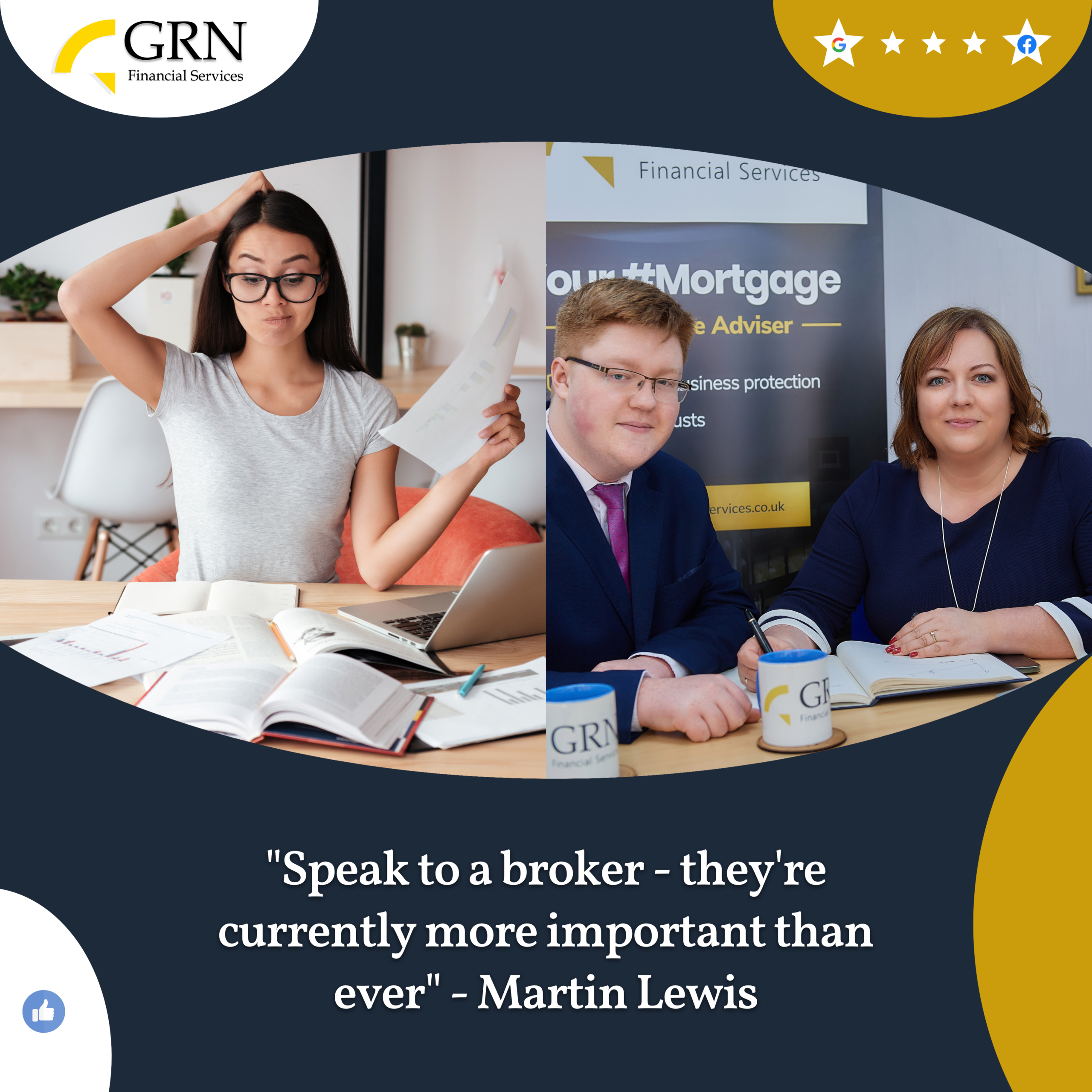 Woman frustrated with paperwork at home; two professionals consulting in an office. Text: "Speak to a broker - they're currently more important than ever" - Martin Lewis.
